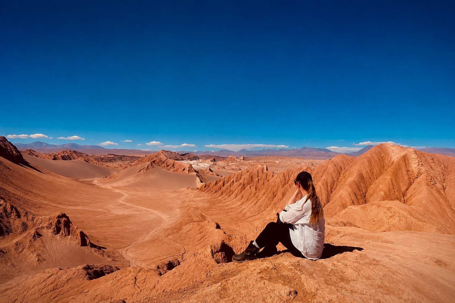 Mulher sentada no alto de uma formação rochosa avermelhada, contemplando o deserto do Atacama sob céu azul intenso